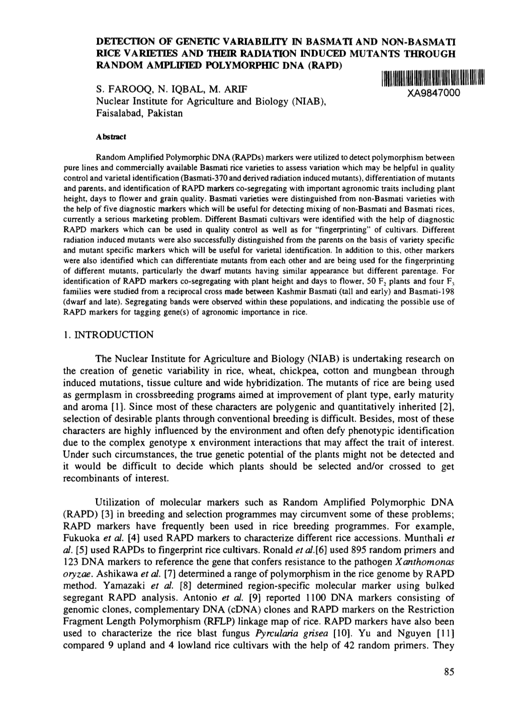 Detection of Genetic Variability in Basmati and Non-Basmati Rice Varieties and Their Radiation Induced Mutants Through Random Amplified Polymorphic Dna (Rapd)