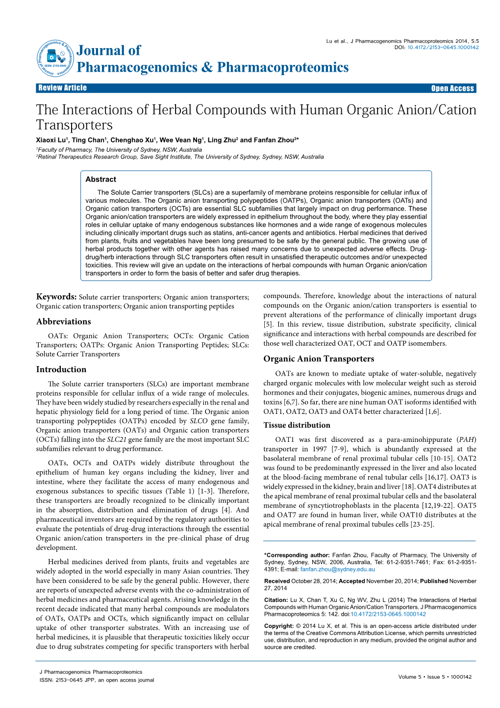 The Interactions of Herbal Compounds with Human Organic Anion/Cation Transporters