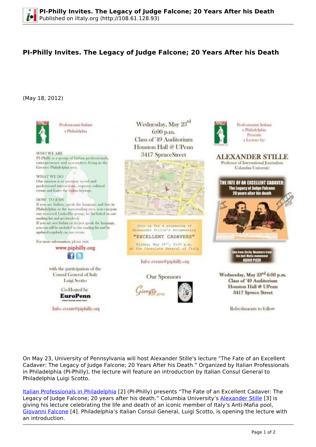 PI-Philly Invites. the Legacy of Judge Falcone; 20 Years After His Death Published on Iitaly.Org (