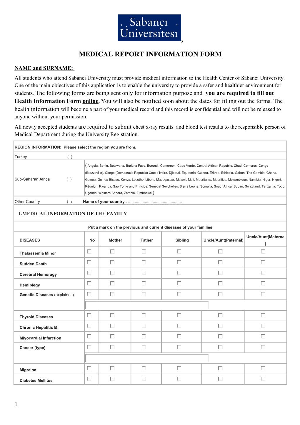 Sağlık Bilgi Formu / Medical Information Form