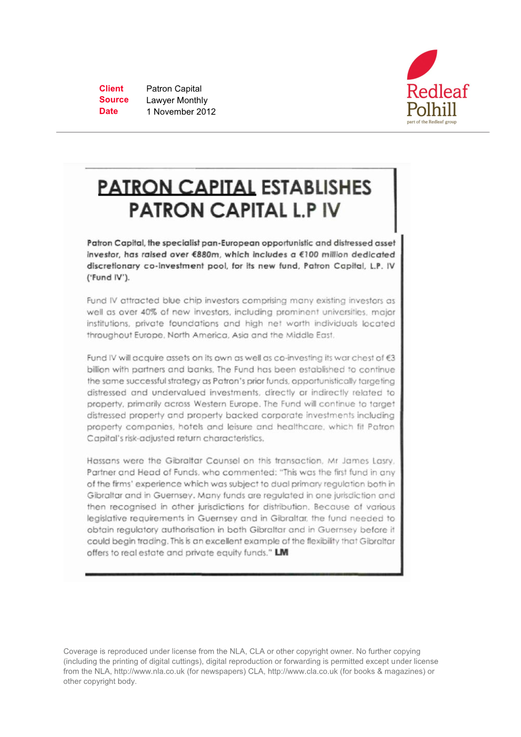 Client Source Date Patron Capital Lawyer Monthly 1 November 2012
