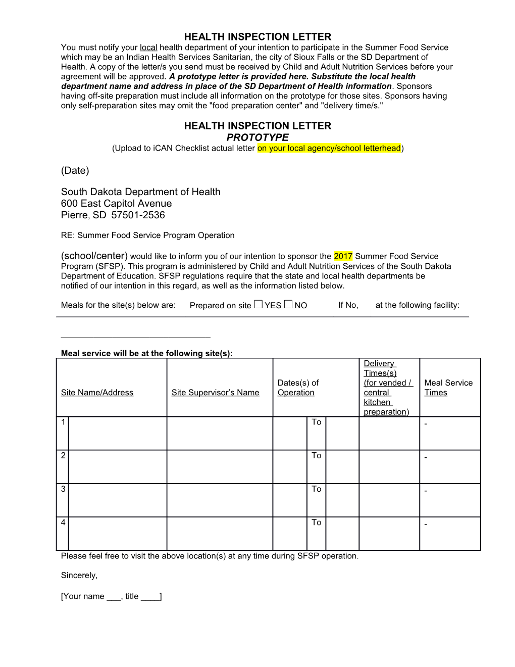 Health Inspection Letter