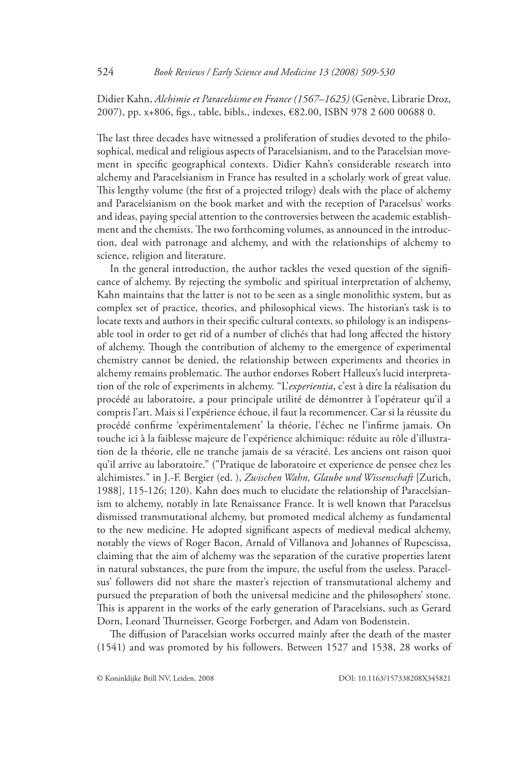 Didier Kahn, Alchimie Et Paracelsisme En France (1567–1625) (Genève, Librarie Droz, 2007), Pp