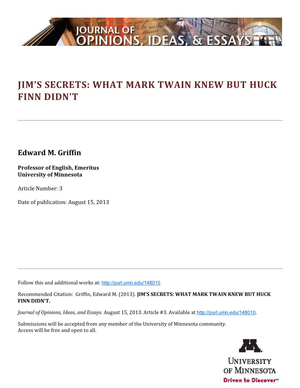 Jim's Secrets: What Mark Twain Knew but Huck Finn Didn't