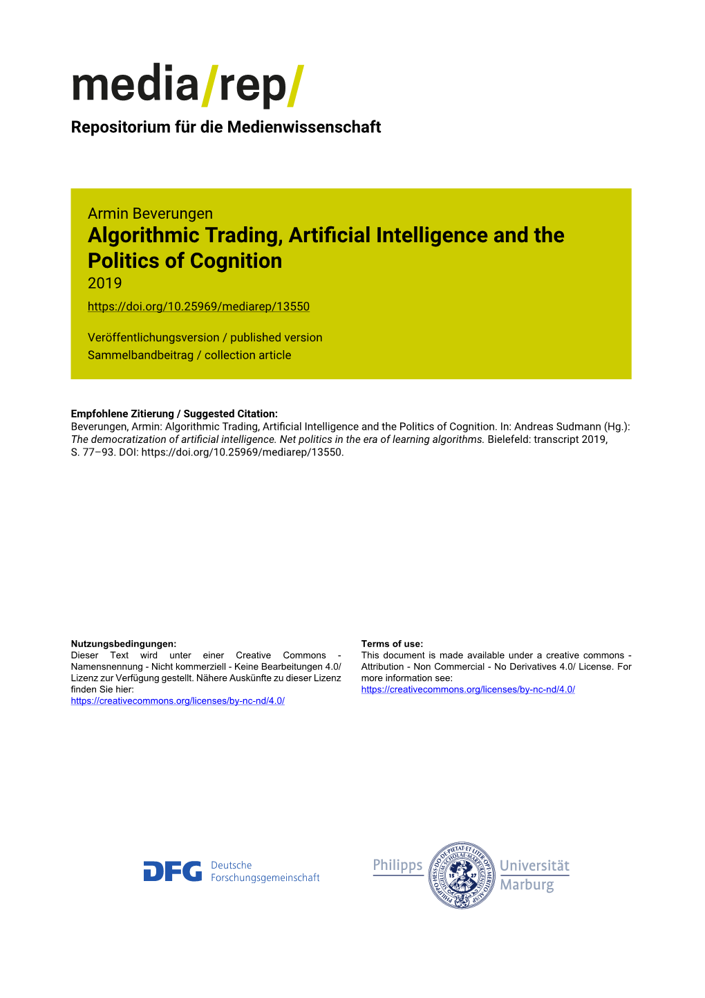 Algorithmic Trading, Artificial Intelligence and the Politics of Cognition