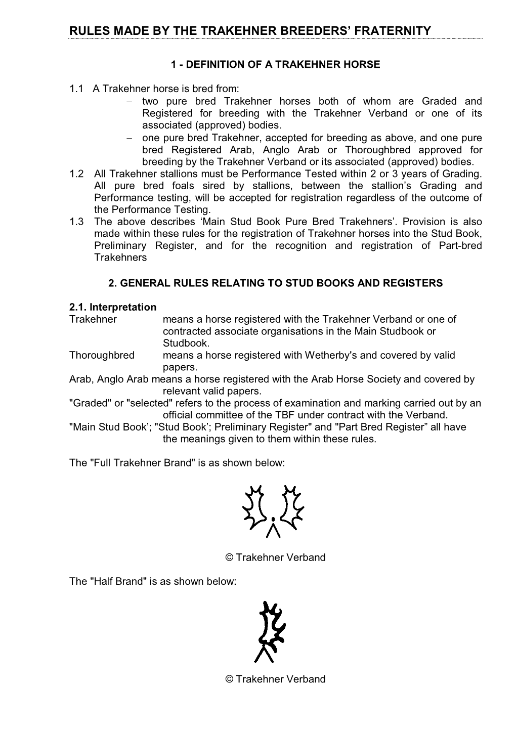 Rules Made by the Trakehner Breeders' Fraternity