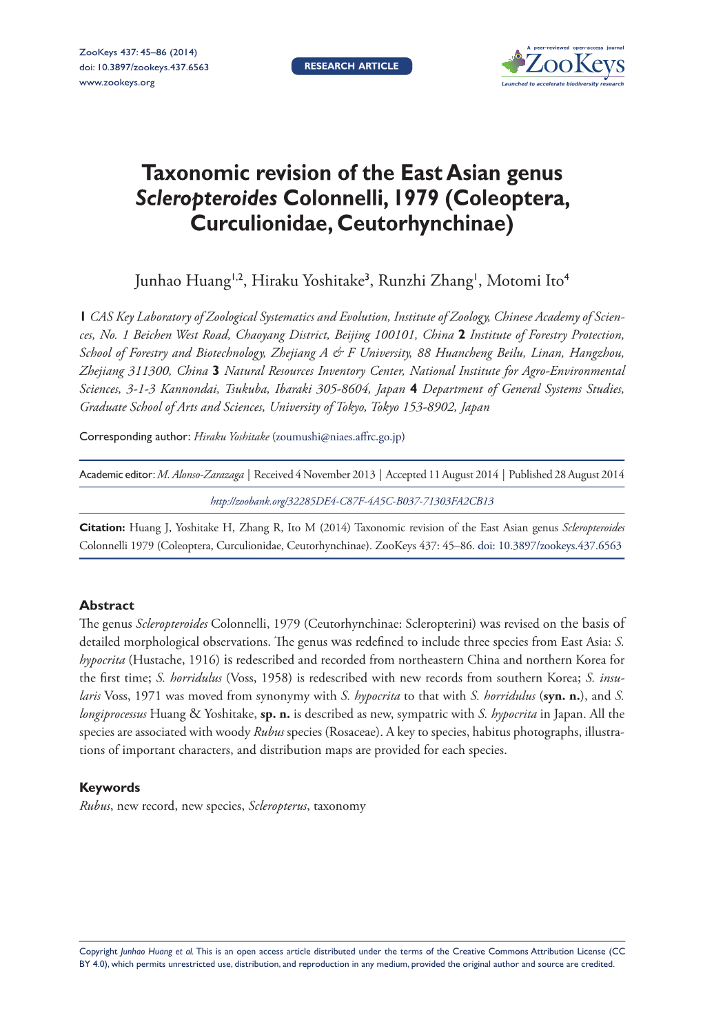 Taxonomic Revision of the East Asian Genus Scleropteroides Colonnelli, 1979 (Coleoptera, Curculionidae, Ceutorhynchinae)