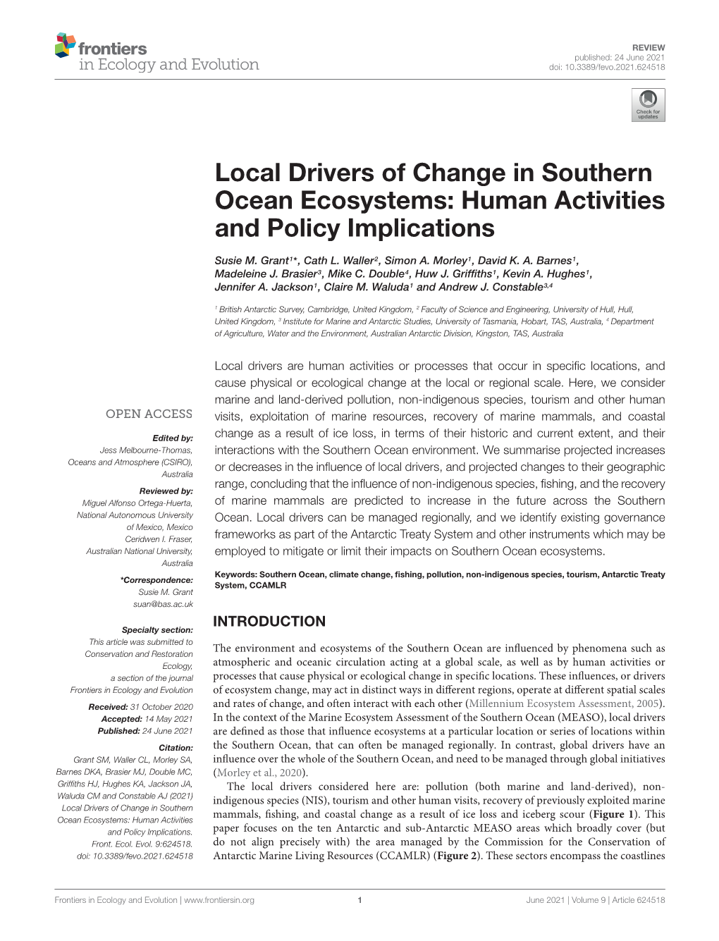 Local Drivers of Change in Southern Ocean Ecosystems: Human Activities and Policy Implications