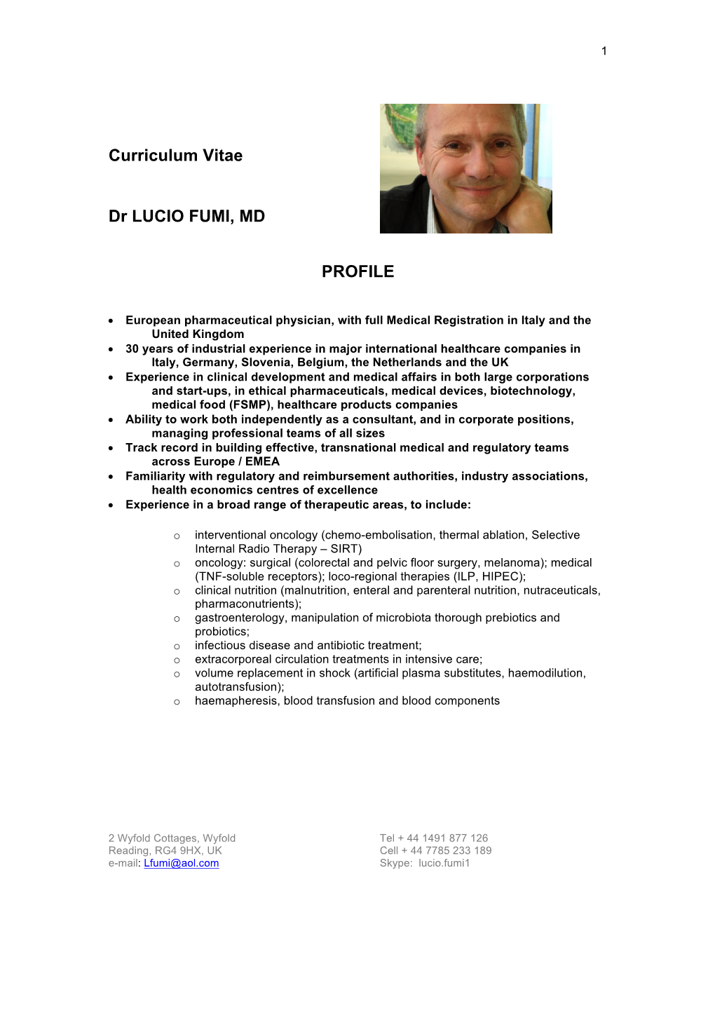 Curriculum Vitae Dr LUCIO FUMI, MD PROFILE