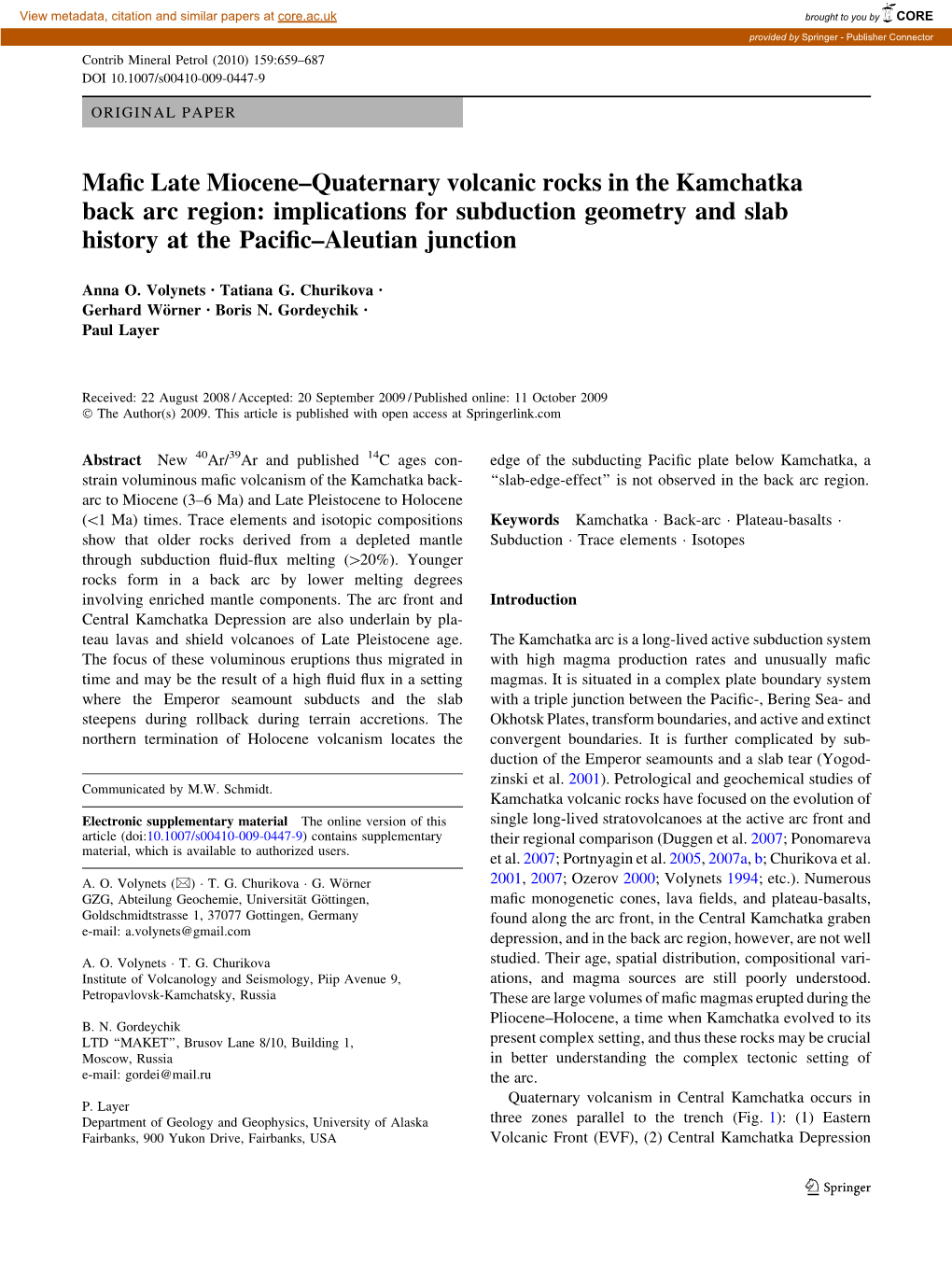 Mafic Late Miocene–Quaternary Volcanic Rocks in the Kamchatka