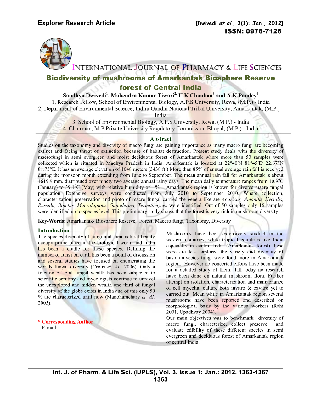 Biodiversity of Mushrooms of Amarkantak Biosphere Reserve