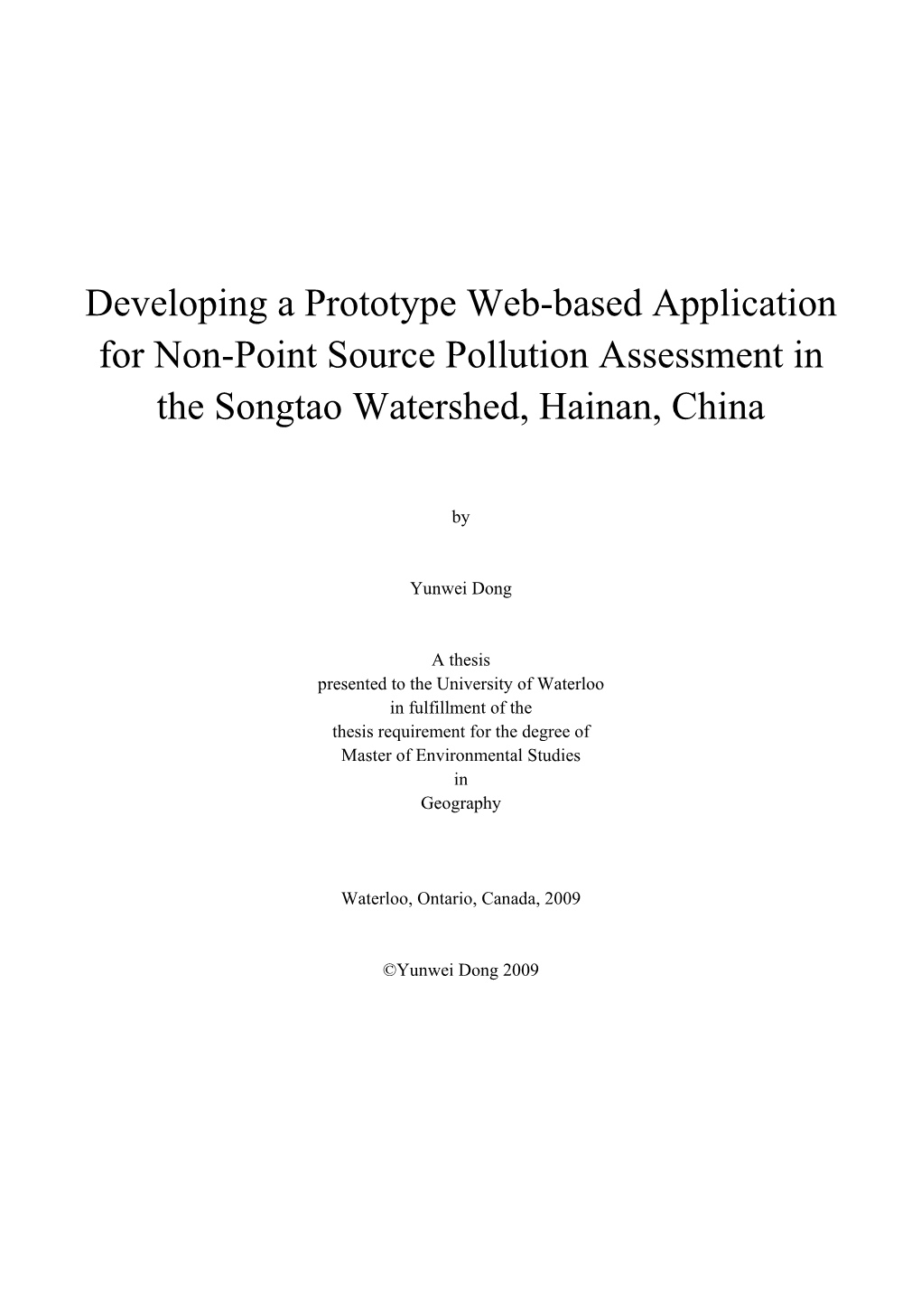 Developing a Prototype Web-Based Application for Non-Point Source Pollution Assessment in the Songtao Watershed, Hainan, China