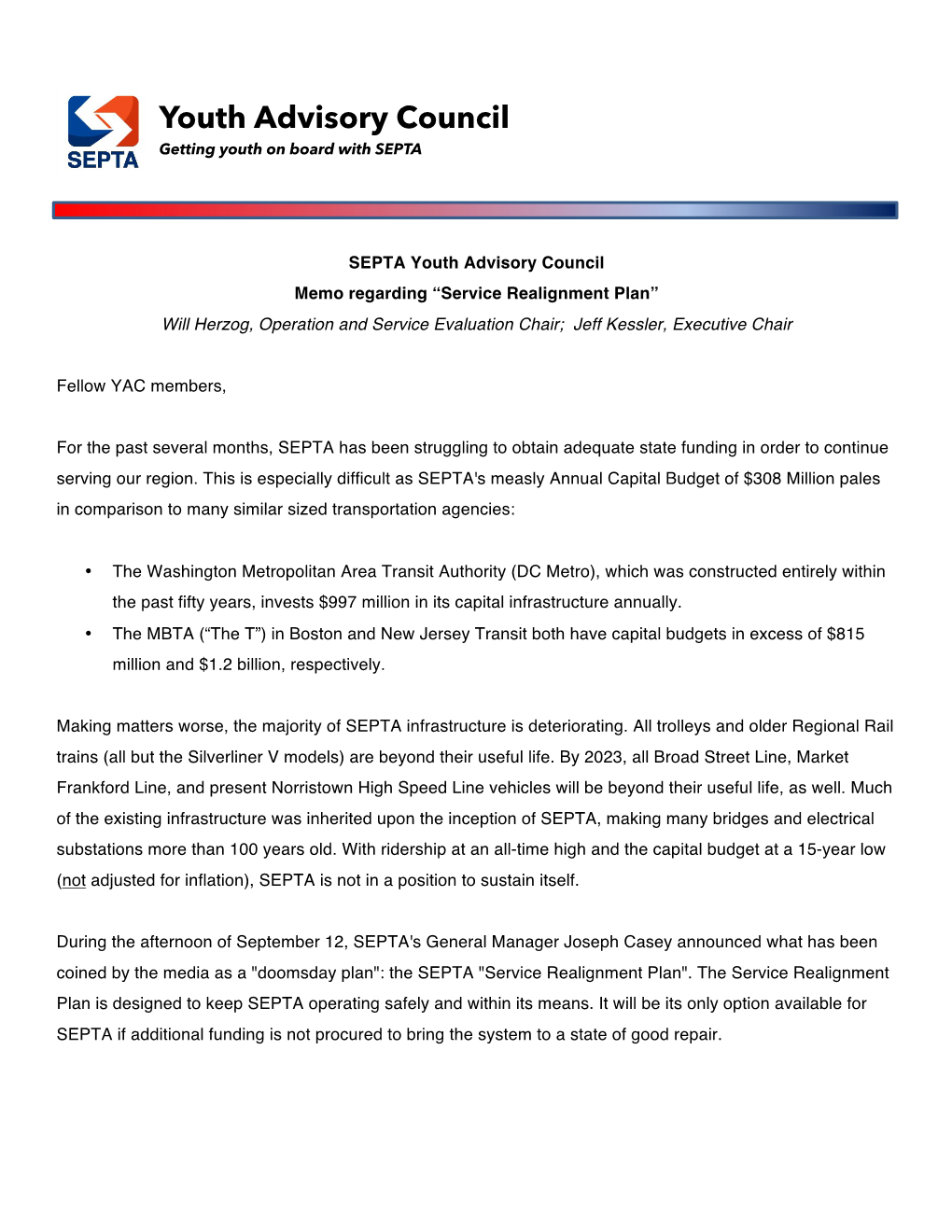 Open Memo to YAC Members Regarding SEPTA Service