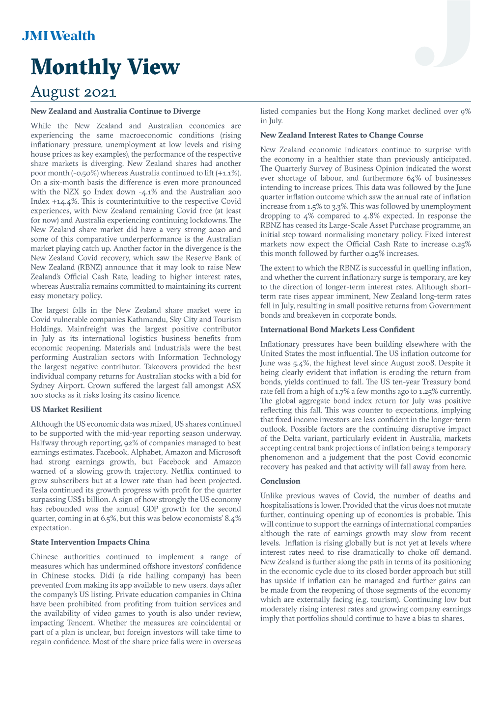 Monthly View August 2021 New Zealand and Australia Continue to Diverge Listed Companies but the Hong Kong Market Declined Over 9% in July