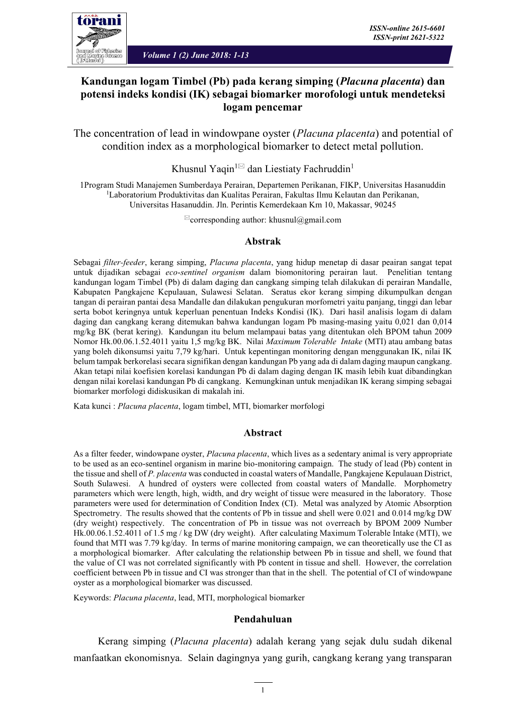 Kandungan Logam Timbel (Pb) Pada Kerang Simping (Placuna Placenta) Dan Potensi Indeks Kondisi (IK) Sebagai Biomarker Morofologi Untuk Mendeteksi Logam Pencemar