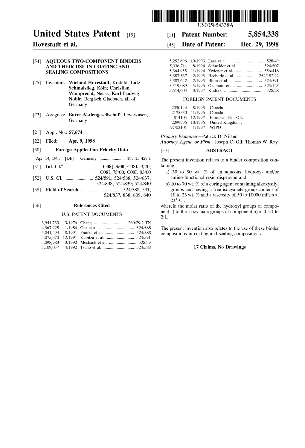 United States Patent (19) 11 Patent Number: 5,854,338 Hovestadt Et Al