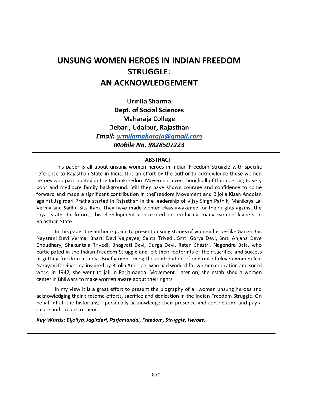 Unsung Women Heroes in Indian Freedom Struggle: an Acknowledgement