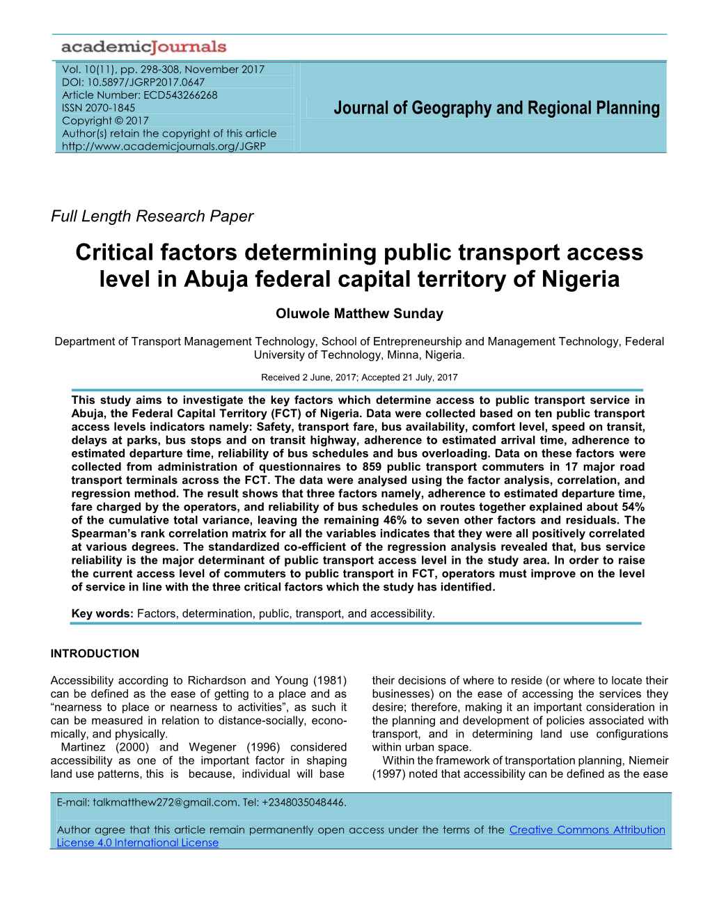 Critical Factors Determining Public Transport Access Level in Abuja Federal Capital Territory of Nigeria