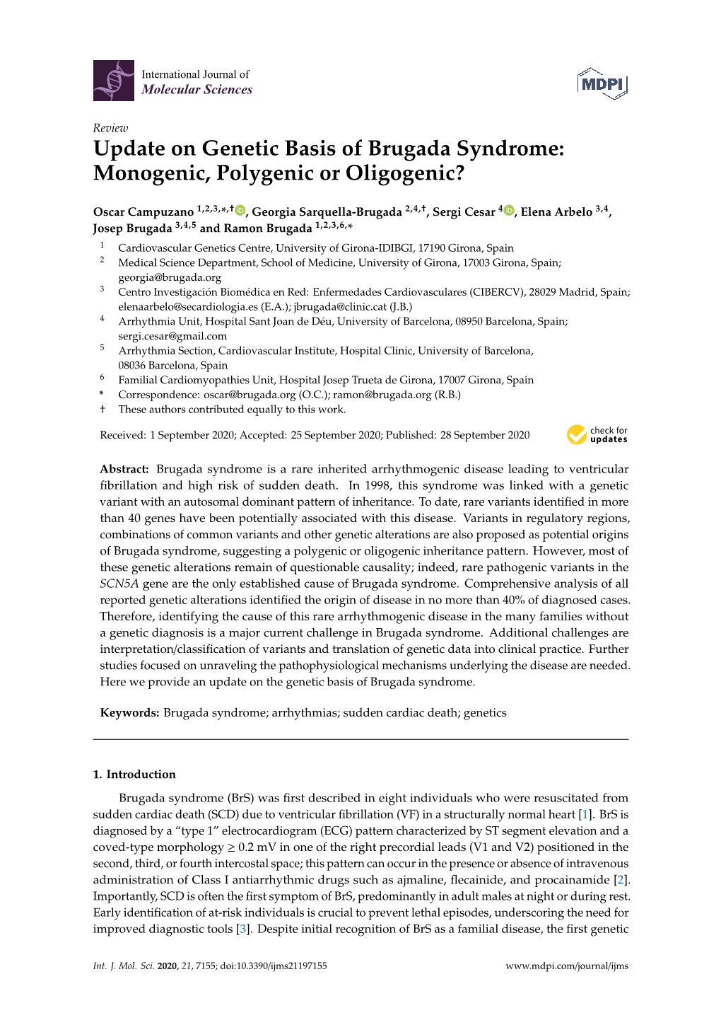 Update on Genetic Basis of Brugada Syndrome: Monogenic, Polygenic Or Oligogenic?