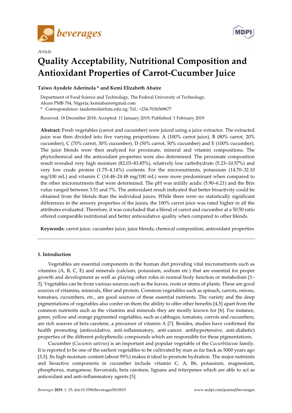 Quality Acceptability, Nutritional Composition and Antioxidant Properties of Carrot-Cucumber Juice