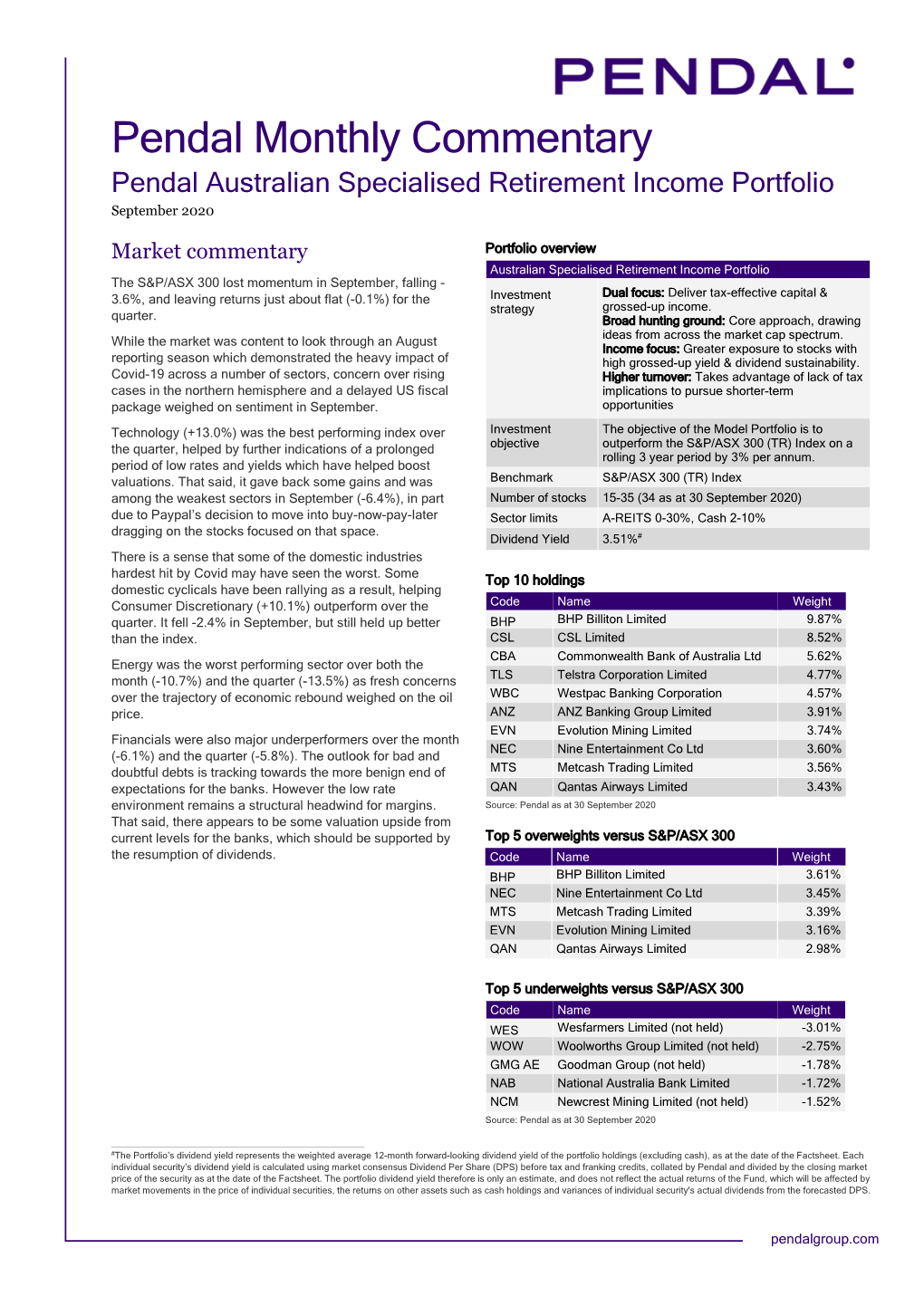 Pendal Monthly Commentary Pendal Australian Specialised Retirement Income Portfolio September 2020