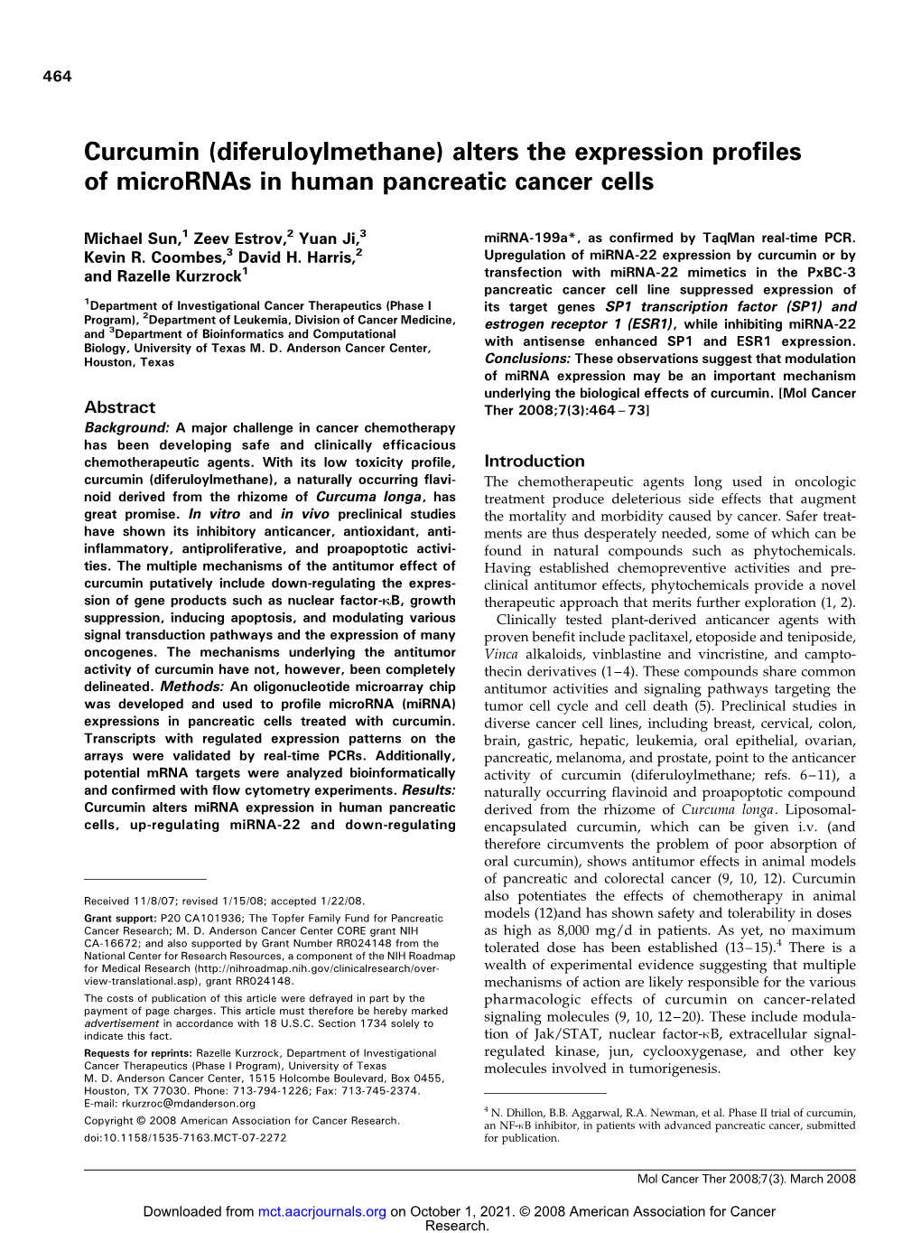 Curcumin (Diferuloylmethane) Alters the Expression Profiles of Micrornas in Human Pancreatic Cancer Cells