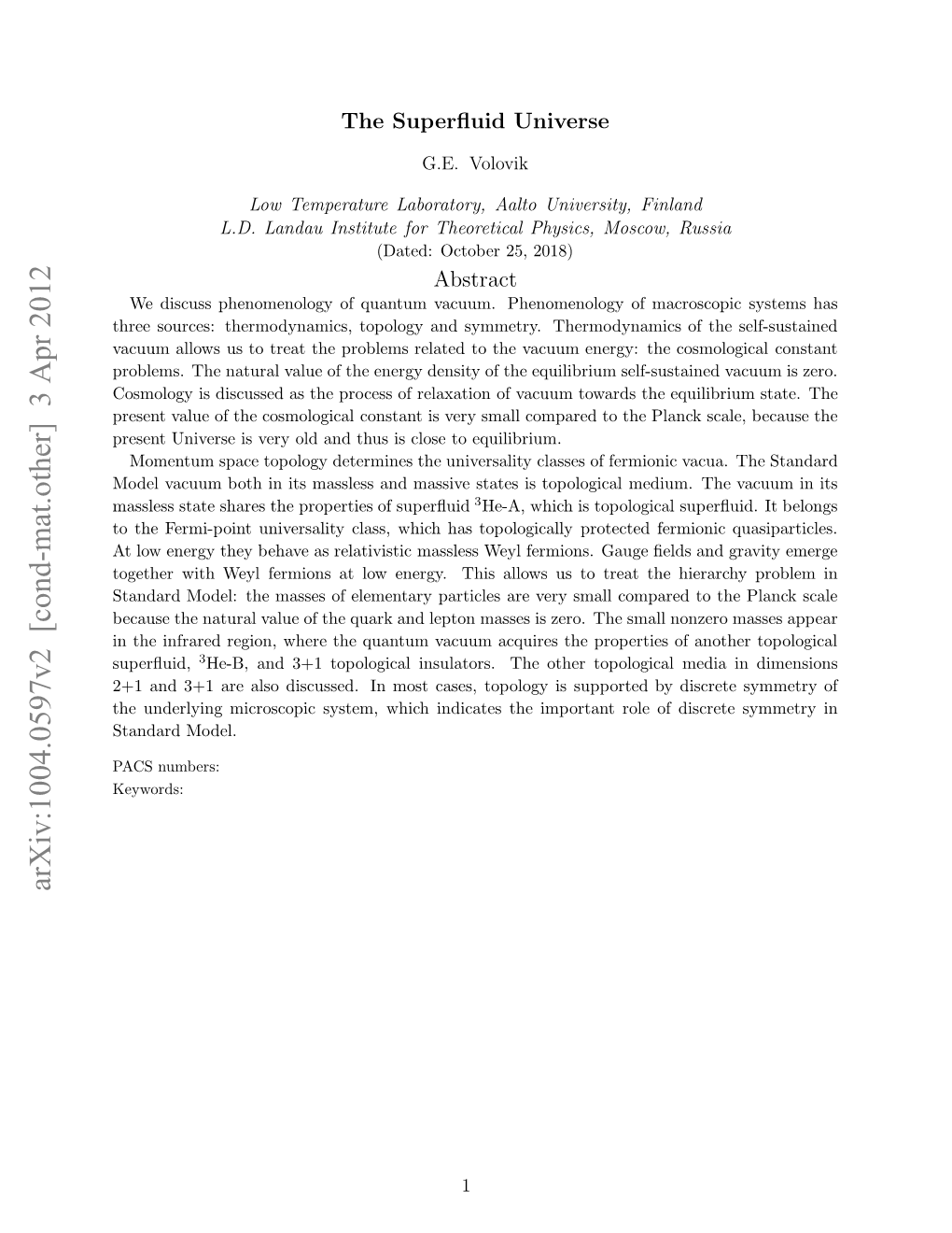 Arxiv:1004.0597V2 [Cond-Mat.Other] 3 Apr 2012 Keywords: Numbers: Sup PACS Imp Is Topology the Cases, Indicates Most Which Model