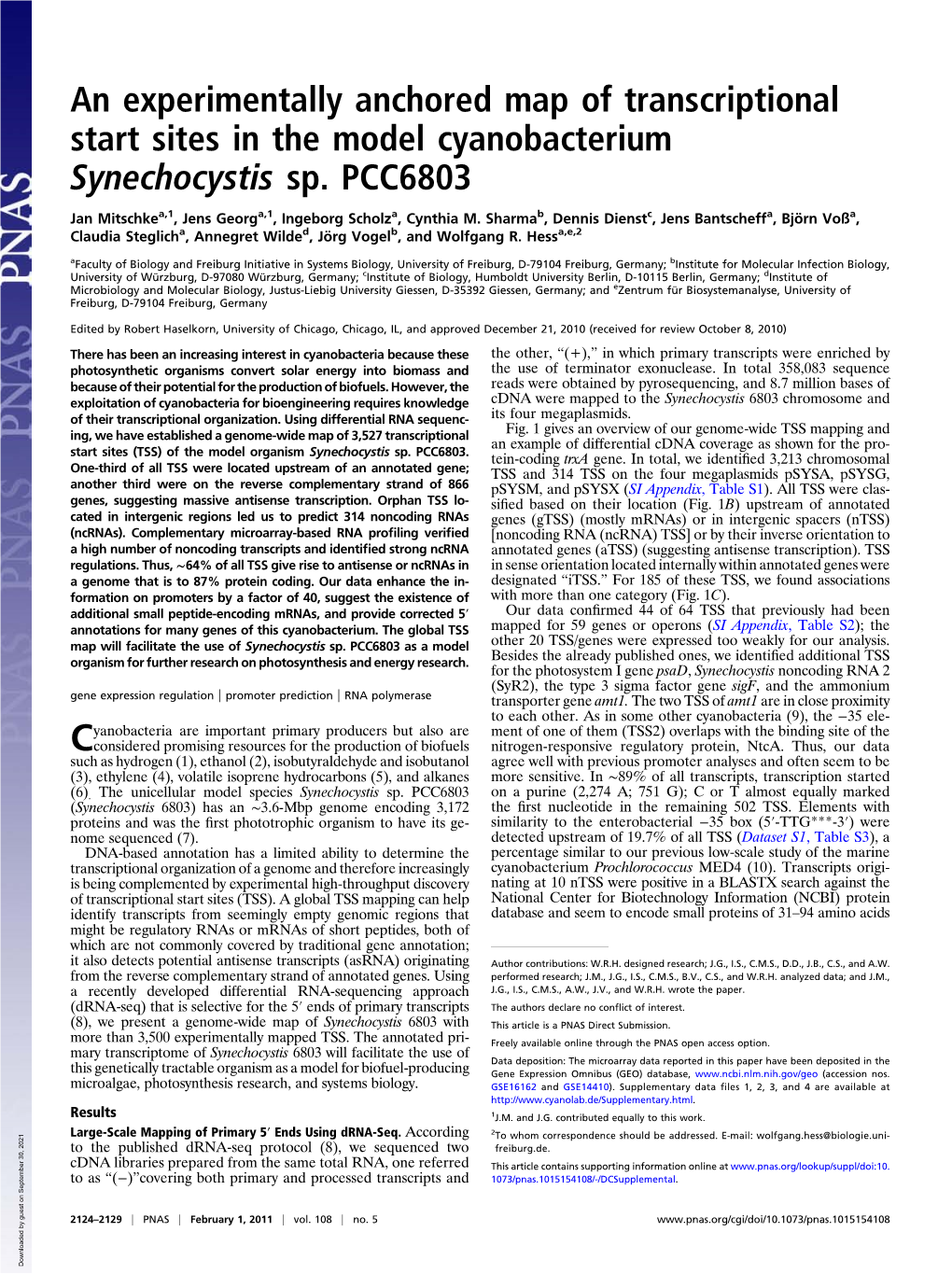 An Experimentally Anchored Map of Transcriptional Start Sites in the Model Cyanobacterium Synechocystis Sp