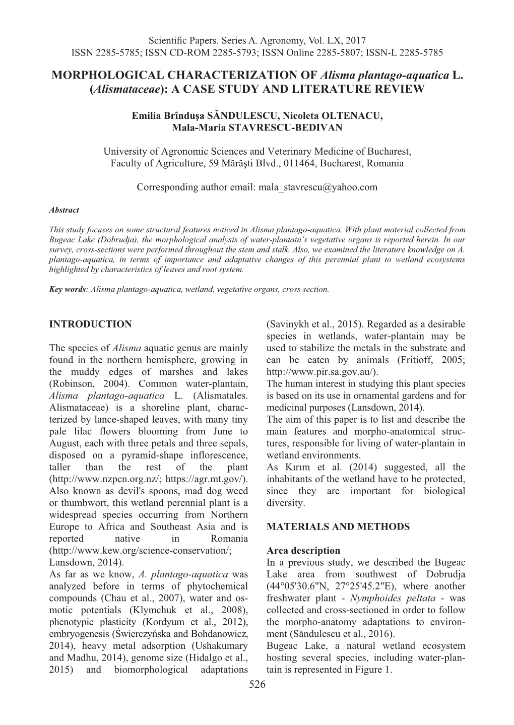 MORPHOLOGICAL CHARACTERIZATION of Alisma Plantago-Aquatica L