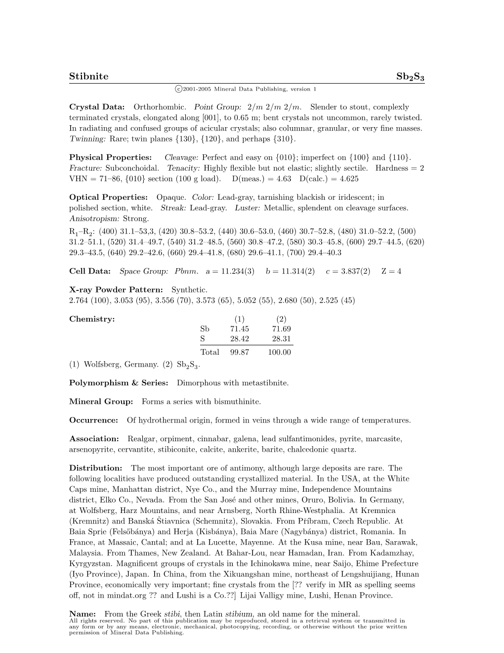 Stibnite Sb2s3 C 2001-2005 Mineral Data Publishing, Version 1