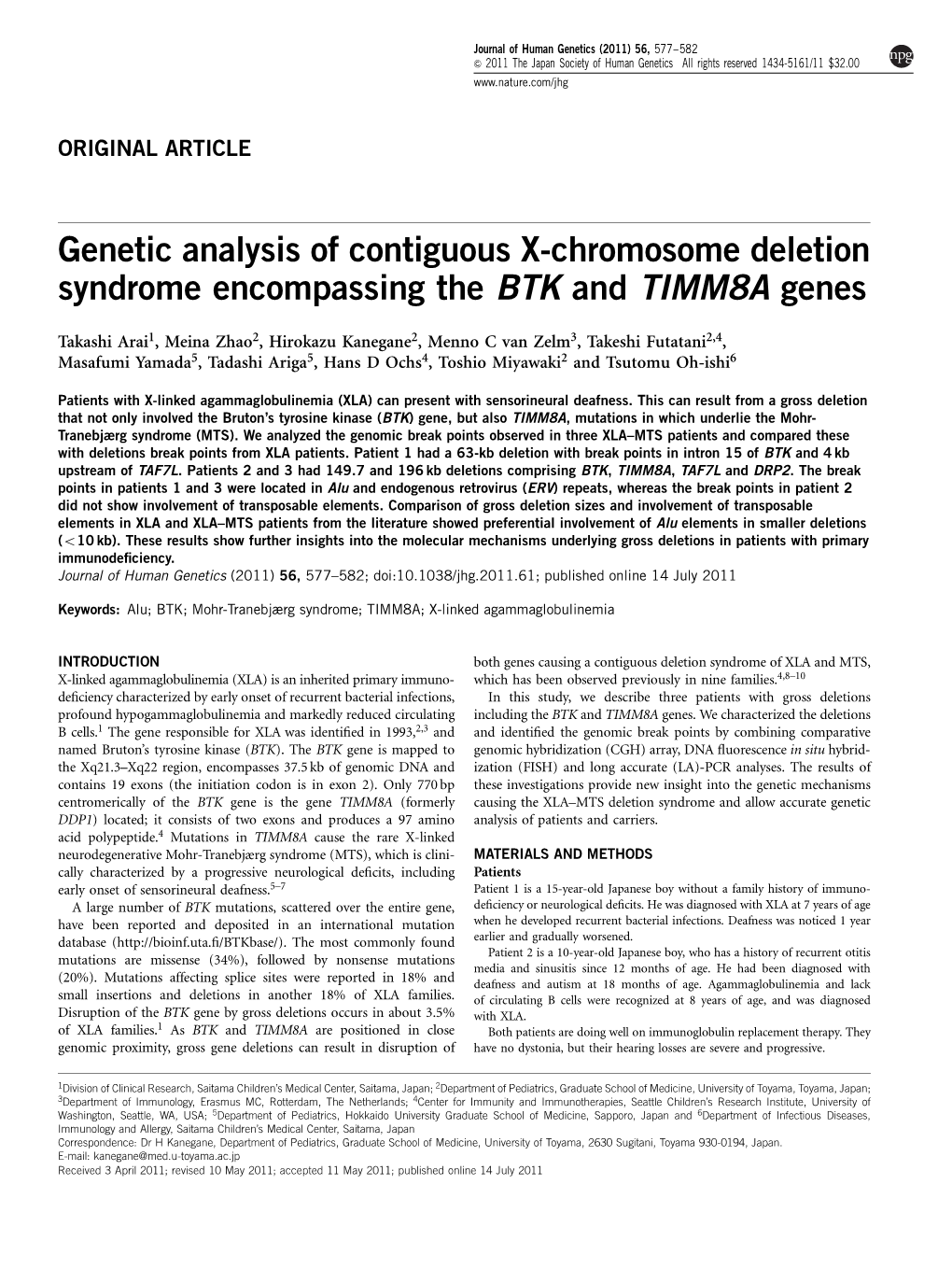 Genetic Analysis of Contiguous X-Chromosome Deletion Syndrome Encompassing the BTK and TIMM8A Genes