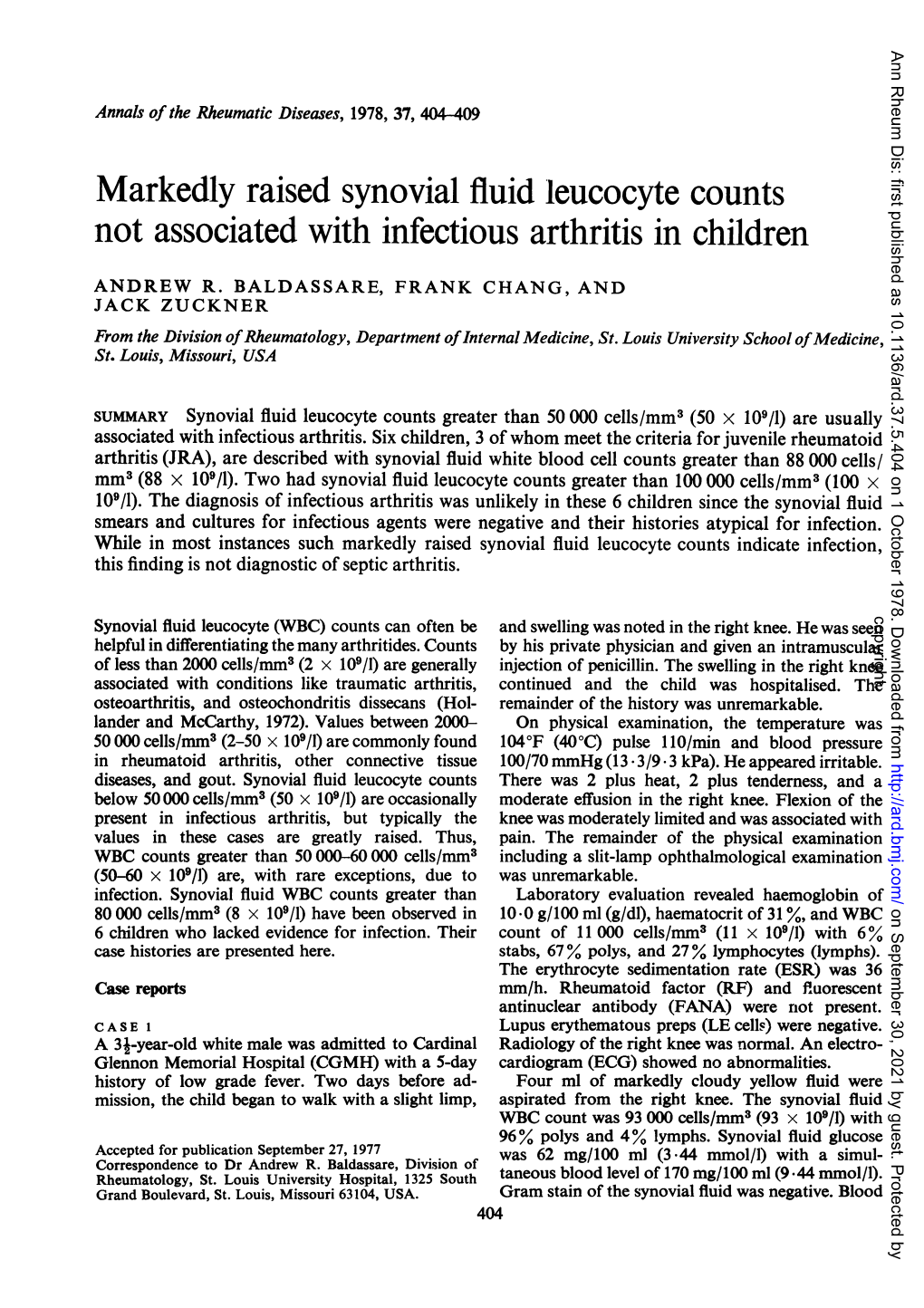 Markedly Raised Synovial Fluid Leucocyte Counts Not Associated with Infectious Arthritis in Children