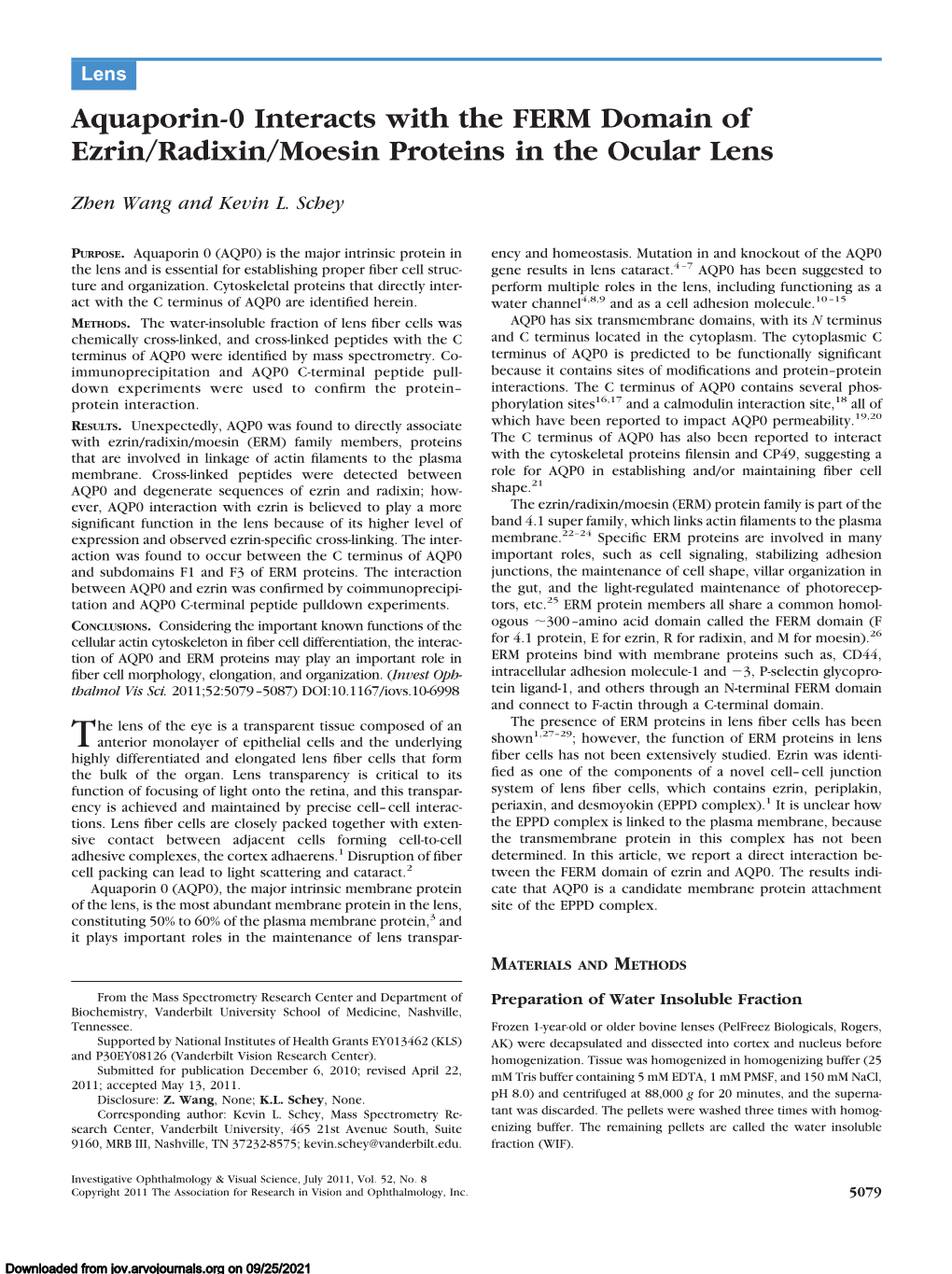 Aquaporin-0 Interacts with the FERM Domain of Ezrin/Radixin/Moesin Proteins in the Ocular Lens