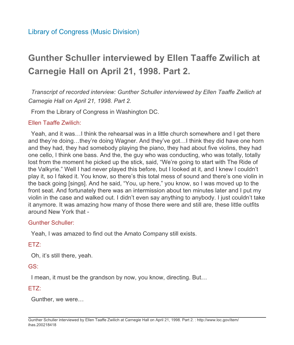 Gunther Schuller Interviewed by Ellen Taaffe Zwilich at Carnegie Hall on April 21, 1998