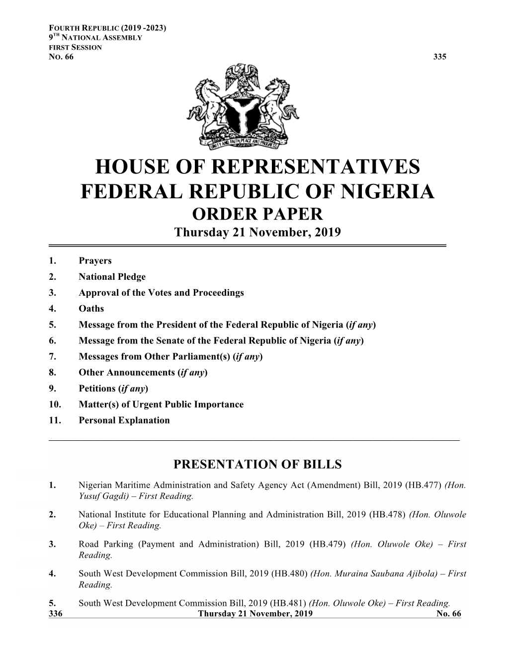 House of Representatives Order Paper, Thursday 21 November, 2019