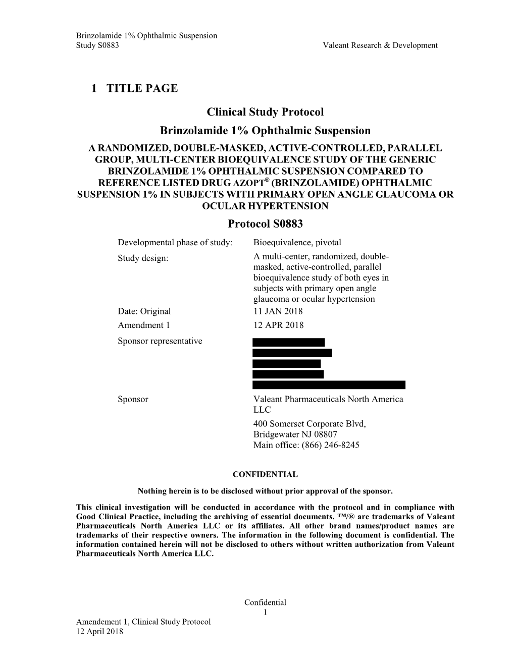 1 TITLE PAGE Clinical Study Protocol Brinzolamide 1% Ophthalmic