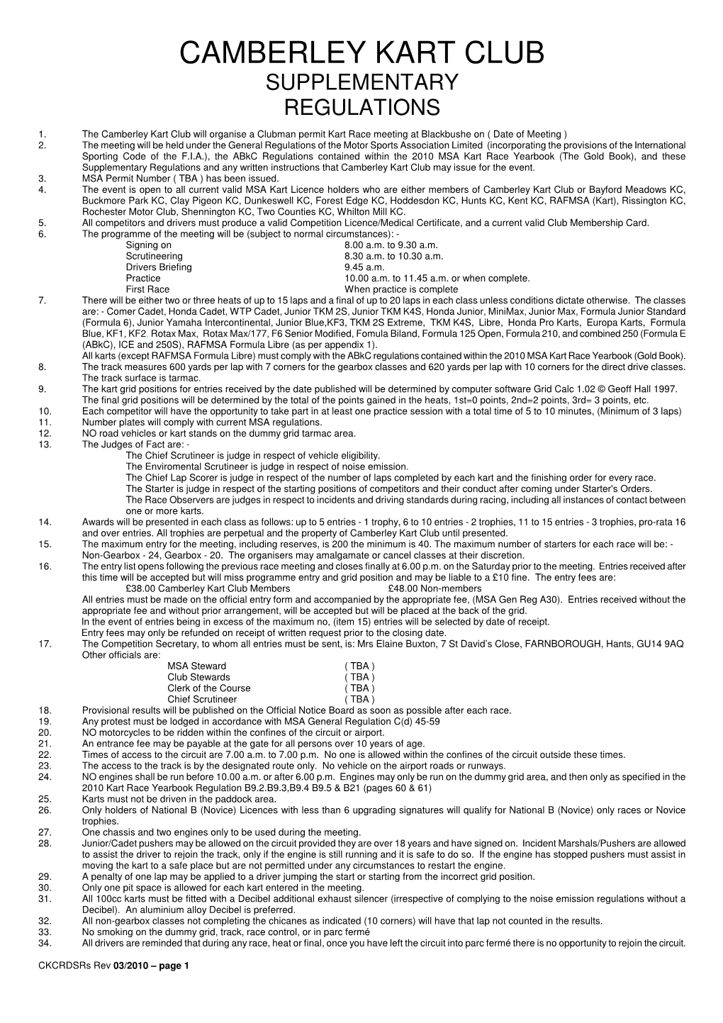 Camberley Kart Club Supplementary Regulations