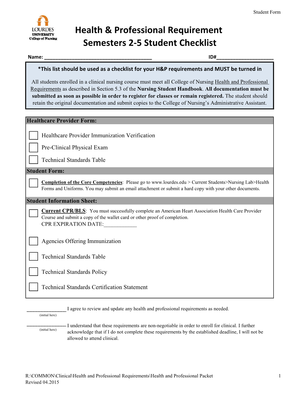 Health & Professional Requirement Semesters 2-5 Student Checklist