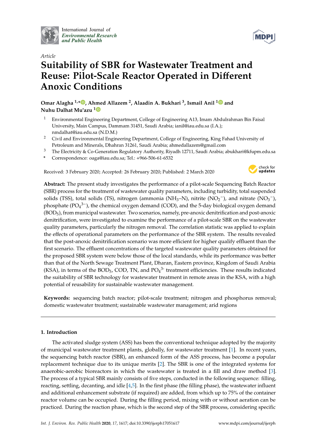 Suitability of SBR for Wastewater Treatment and Reuse: Pilot-Scale Reactor Operated in Diﬀerent Anoxic Conditions