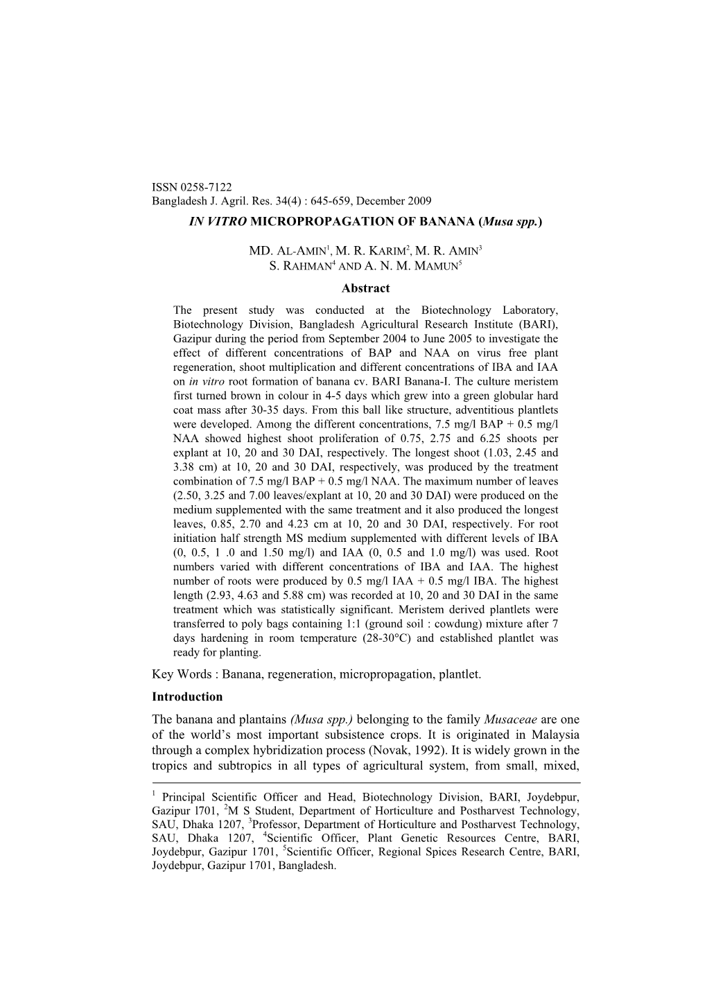 IN VITRO MICROPROPAGATION of BANANA (Musa Spp.) MD. AL