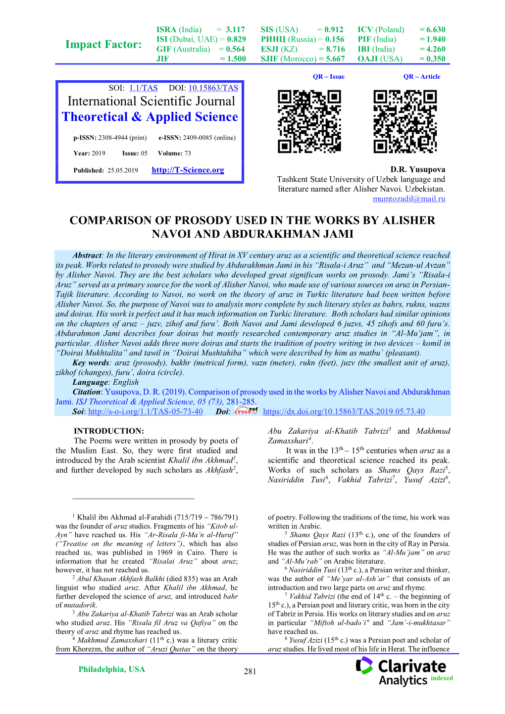 Comparison of Prosody Used in the Works by Alisher Navoi and Abdurakhman Jami. ISJ Theoretical & Applied Science, 05 (73), 281-285