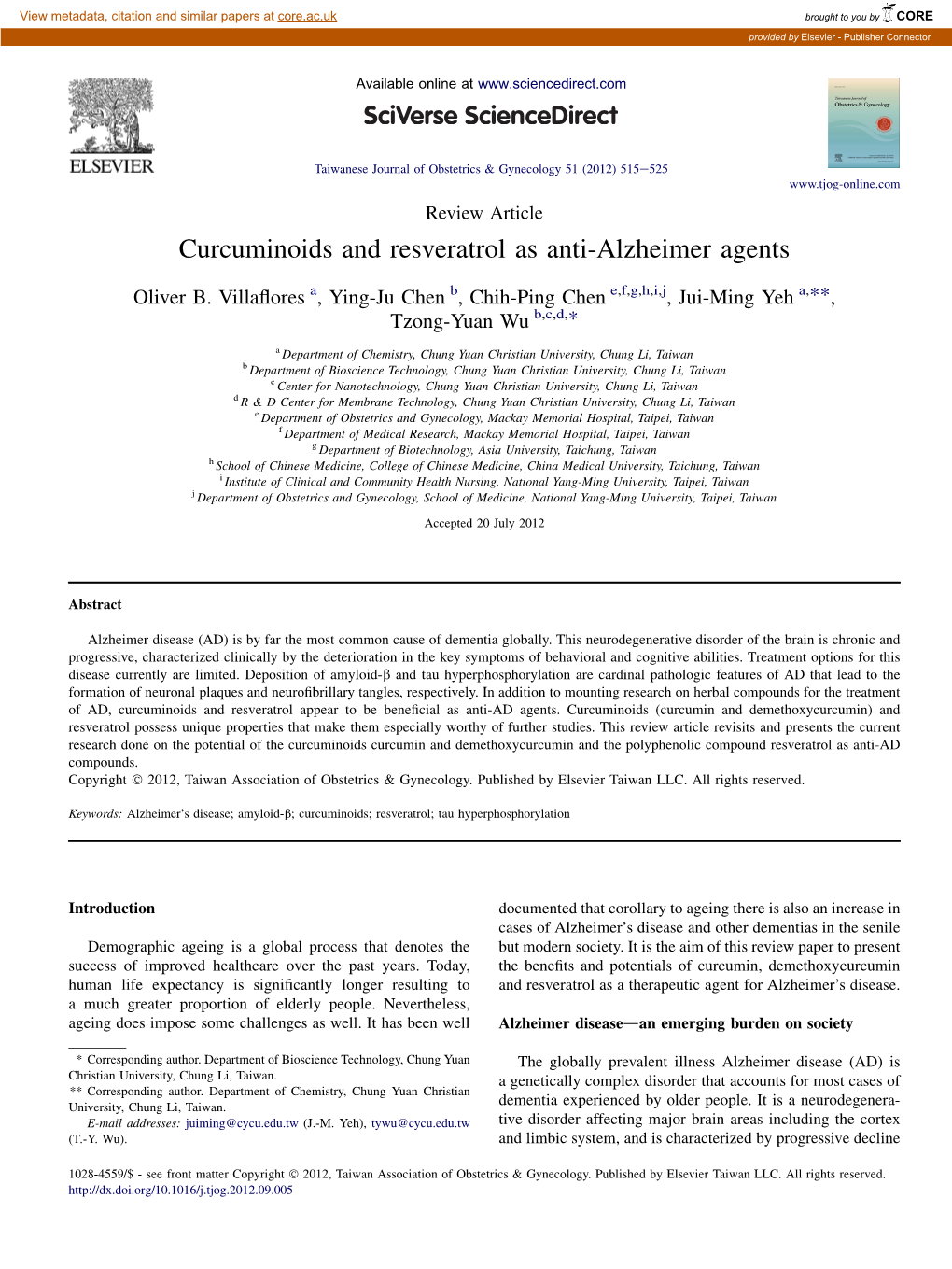 Curcuminoids and Resveratrol As Anti-Alzheimer Agents