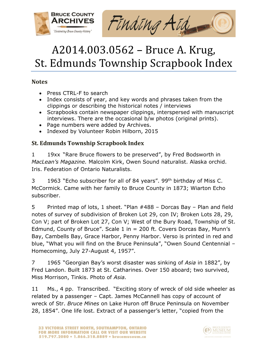 A2014.003.0562 – Bruce A. Krug, St. Edmunds Township Scrapbook Index