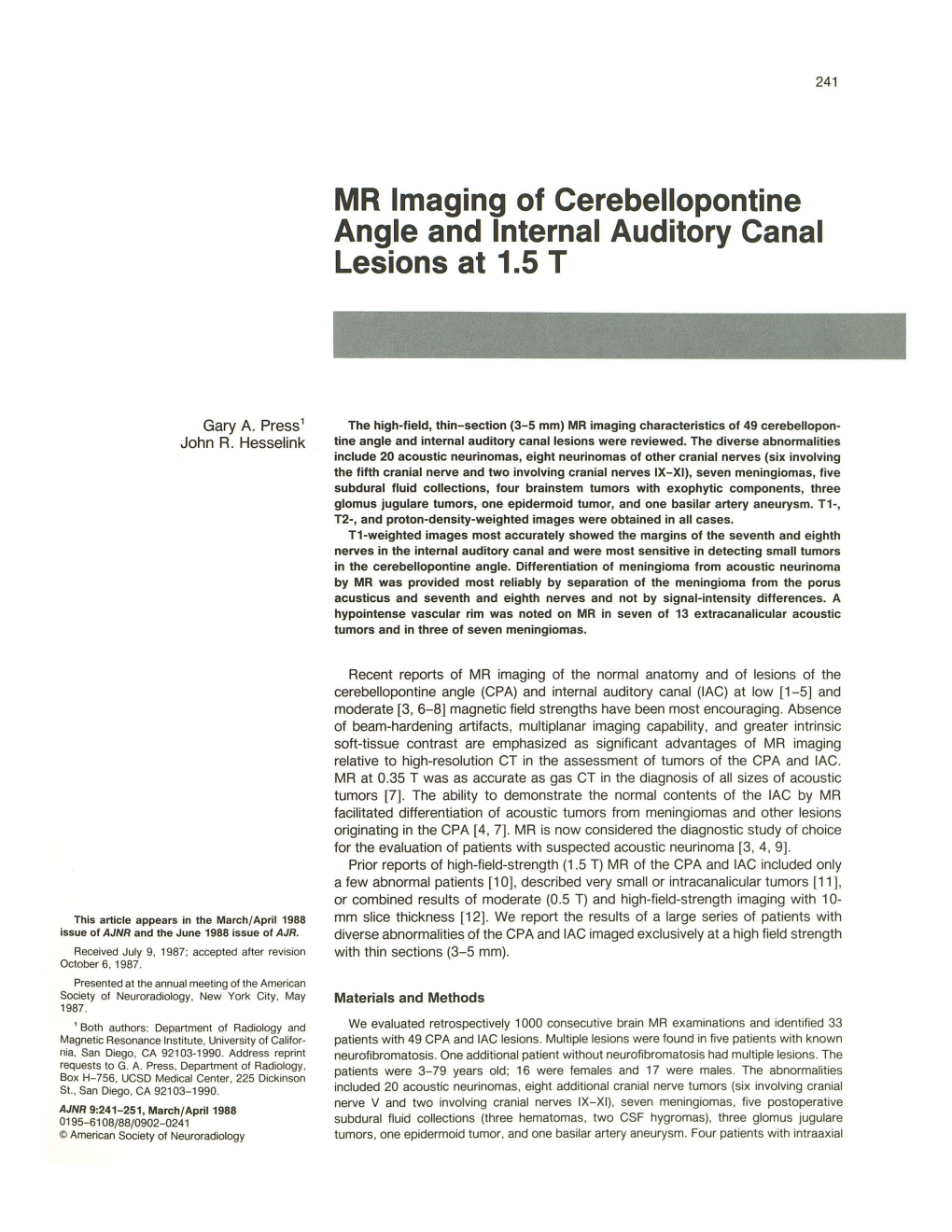 MR Imaging of Cerebellopontine Angle and Internal Auditory Canal Lesions at 1.5 T