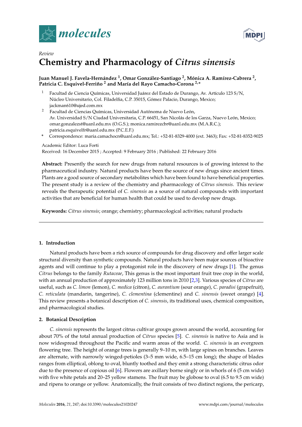 Chemistry and Pharmacology of Citrus Sinensis