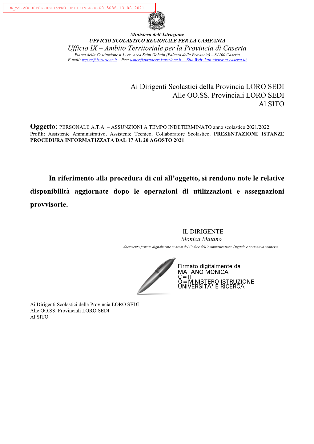 Ufficio IX – Ambito Territoriale Per La Provincia Di Caserta Piazza Della Costituzione N.1- Ex