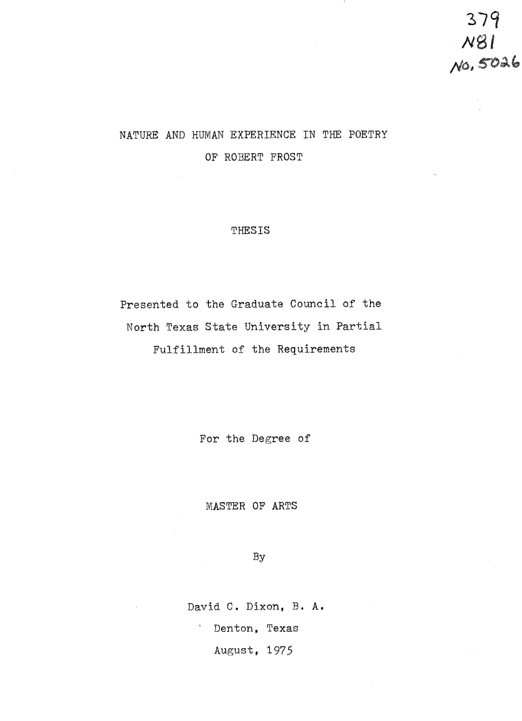 August, 1975 Dixon, David C., Nature and Human Experience in The