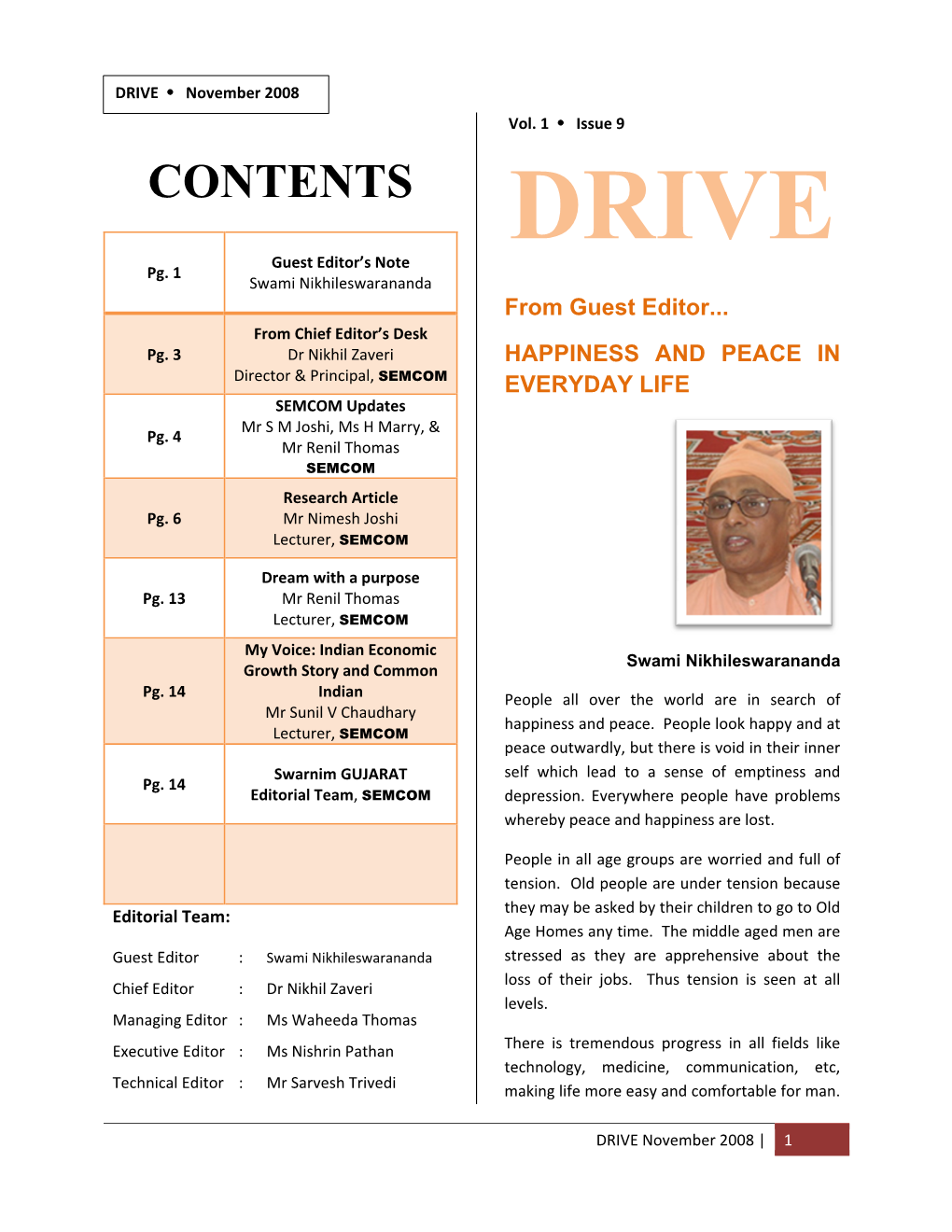 CONTENTS DRIVE Guest Editor’S Note Pg