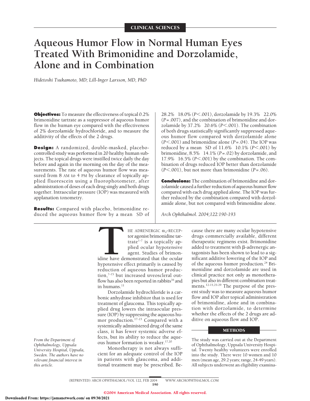 Aqueous Humor Flow in Normal Human Eyes Treated with Brimonidine and Dorzolamide, Alone and in Combination