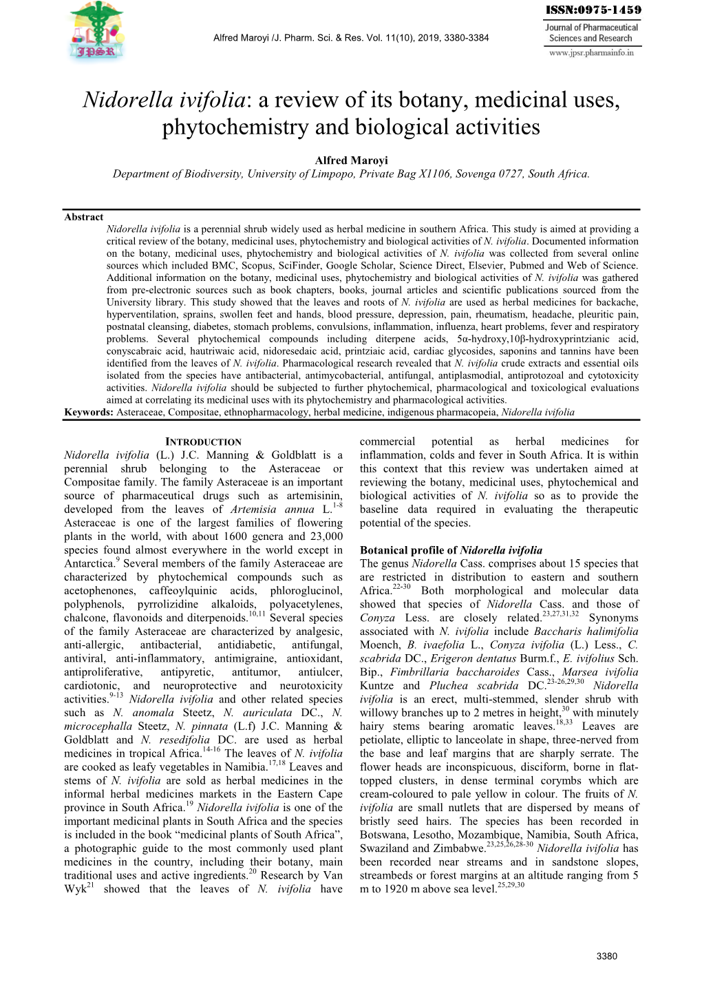 Nidorella Ivifolia: a Review of Its Botany, Medicinal Uses, Phytochemistry and Biological Activities